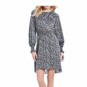 H by Halston Printed Smock Waist Poet Sleeve Dress